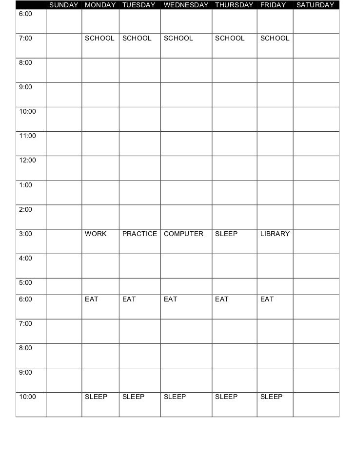 monday to friday school schedule template